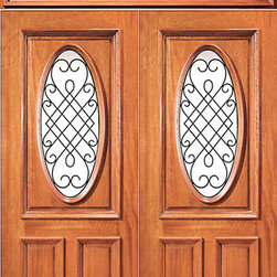 Pre-hung Mahogany Oval Lite Front Double Door Rectangular Transom - Front Doors