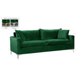 Meridian Furniture - Naomi Velvet Upholstered Sofa, Green - Curl up with a good book from the welcoming confines of this Naomi Green Velvet Sofa. The color of this sofa adds a bold touch to your decor and shakes up otherwise neutral color schemes. Plush velvet material feels cozy and comfortable against your skin, while deep seat cushions provide lots of room for you to stretch your legs. This sofa comes with both gold and chrome legs, so you can customize its look to meet your decor plans. Pillows are included for added homey warmth and comfort.