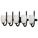 Maxim Lighting - Taylor 5-Light Bath Vanity - Heavy rectangular tubing support tall scale Satin White glass shades that creates an upscale forged look at a builder price.  Available in your choice of Textured Black or Satin Nickel, this collection is complete enough to do the entire home.