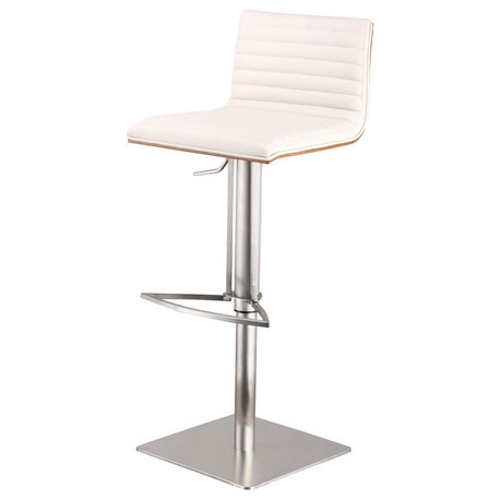 Cafe Adjustable PU Bar Stool With Walnut Back, Seat: White, Base: Brushed Stainless Steel