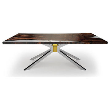Clear Epoxy Resin & Walnut Wood Rectangular Dining Table, Chrome & Gold Plated