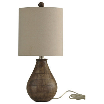 Wooden Blocked Table Lamp, Brown Finish, White Hardback Fabric Shade
