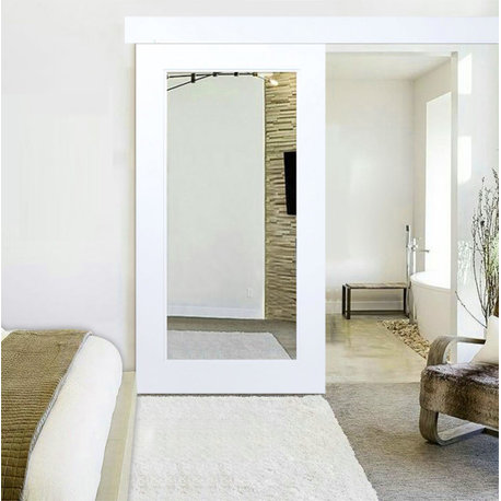 White Primed Mirror Sliding Barn Door with Hardware Kit., Hardware With Fascia, 36"x84" Inches, 1x Mirror One-Side