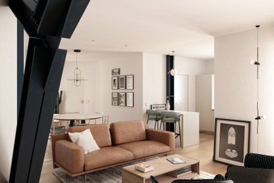 Foto di un soggiorno minimalista di medie dimensioni e aperto con pareti beige, parquet chiaro, pavimento marrone, soffitto ribassato, pannellatura e tappeto