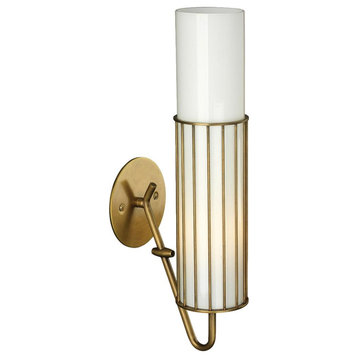 Mid Century Modern White Milk Glass Column Wall Sconce 1 Light Brass Gold Cage