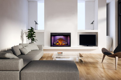 Inspiration for a mid-sized modern open concept light wood floor and beige floor living room remodel in Toronto with white walls, a standard fireplace, a tv stand and a plaster fireplace