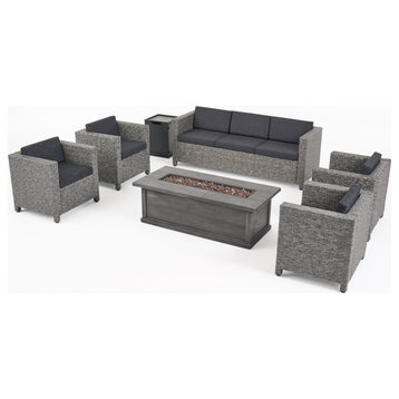 Simona Outdoor 7 Seater Wicker Set With Fire Pit, Mix Black/Dark Gray/Gray