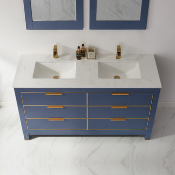 Jackson 60" Double Bathroom Vanity Set in Royal Blue and Composite Carrara White