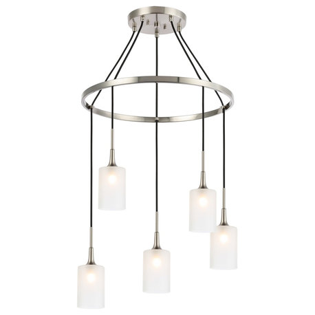 Chelsea Chandelier, Satin Nickel, Sand Blasted Cylinder Glass, LED G9