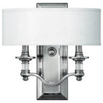 Hinkley - Hinkley Sussex - 14" Two Light Wall Sconce, Brushed Nickel Finish - Shade Included: Ivory Fabr Remodel:   Trim Included:     Shade Included: Ivory FabricSussex 14" Two Light Wall Sconce Brushed Nickel *UL Approved: YES *Energy Star Qualified: n/a  *ADA Certified: n/a  *Number of Lights: Lamp: 2-*Wattage:60w Candelabra bulb(s) *Bulb Included:No *Bulb Type:Candelabra *Finish Type:Brushed Nickel