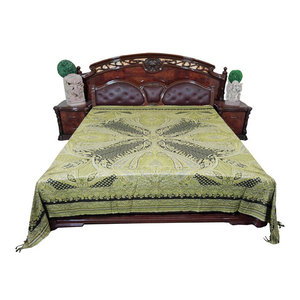 Mogul Interior - Mogul Pashmina Wool Blanket Throw Moroccan Green Bedding Coverlet - Gorgeous & intricate ethnic medium Black and Green reversible warm jamavar wool Indian bedspread bed cover in exquisite huge swirling floral paisley motifs from India.