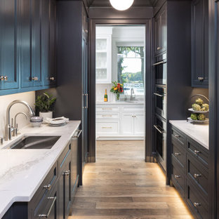 Idéer för maritima vitt kök, med en undermonterad diskho, skåp i shakerstil, svarta skåp och mellanmörkt trägolv