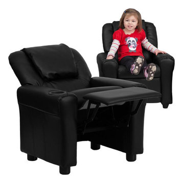 My Friendly Office MFO Deluxe Padded Contemporary Black Leather Kids Recliner with Storage Arms 