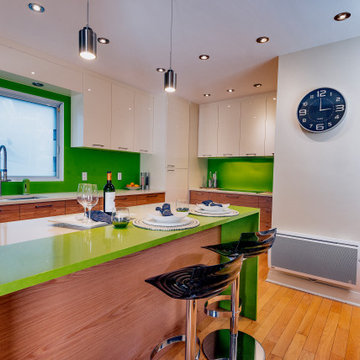 Kitchen with green quartz countertop