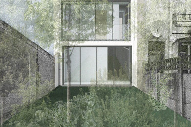 Idée de décoration pour une façade de maison de ville à deux étages et plus avec un toit à deux pans et un toit en tuile.