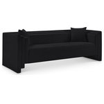 Meridian Furniture - Everett Upholstered Sofa, Black, Chenille Fabric - Make this Everett black chenille fabric sofa the center of a cozy reading nook. Handsome from every angle, this posh sofa is plumply appointed to put supreme comfort within easy reach. Soft black chenille upholstery fabric adds to its lavish feel while a staggered design gives it a modern edge. An included pillow gives it a beckoning vibe while the sofa's solid wood inner frame makes it a lasting addition in any room.