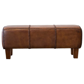 Pemberly Row Mid-Century Modern Genuine Leather Upholstered Bench in Tan