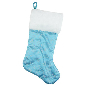 20.5" Blue Glitter Snowflake Organza Christmas Stocking With White Faux Fur Cuff