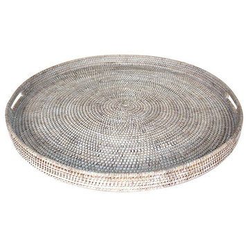 White Rattan Tray With  Handle Round 26"
