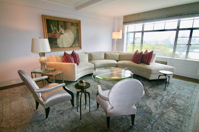 Mid-sized elegant formal and open concept dark wood floor and brown floor living room photo in New York with white walls, no fireplace and no tv