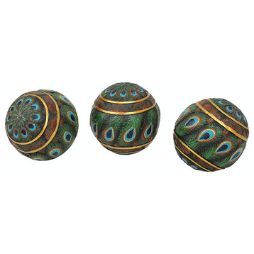 Peacock-Feathered Orbs Decorative Accent Balls, Set of 3