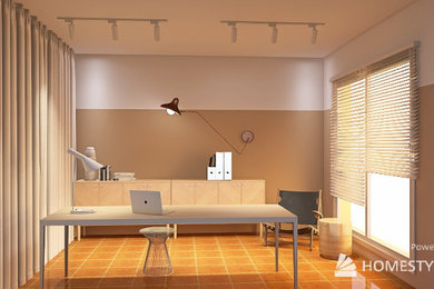 Kleines Modernes Arbeitszimmer mit Arbeitsplatz, beiger Wandfarbe, Terrakottaboden, freistehendem Schreibtisch und orangem Boden in Berlin