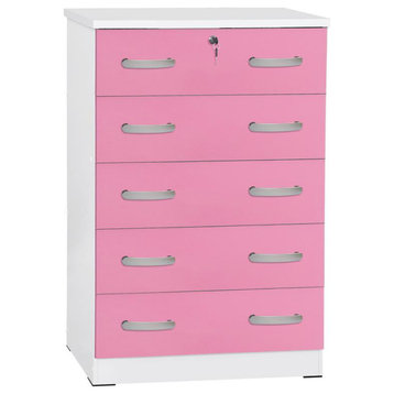 Better Home Products Cindy 5 Drawer Chest Wooden Dresser with Lock in Pink