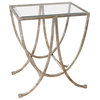 Antiqued Silver Arches Contemporary Side Table, Accent Curved Metal Glass Top