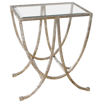 Antiqued Silver Arches Contemporary Side Table, Accent Curved Metal Glass Top