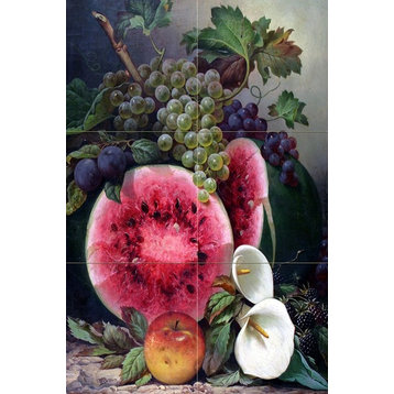 Tile Mural Fruits and Calla Flowers Kitchen Backsplash, 4.25" Ceramic, Glossy