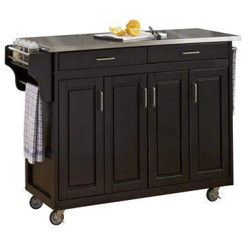 Contemporary Kitchen Cart, Industrial Caster Wheels & Stainless Steel Top, Black