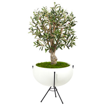 3' Olive Artificial Tree, White Planter With Metal Stand