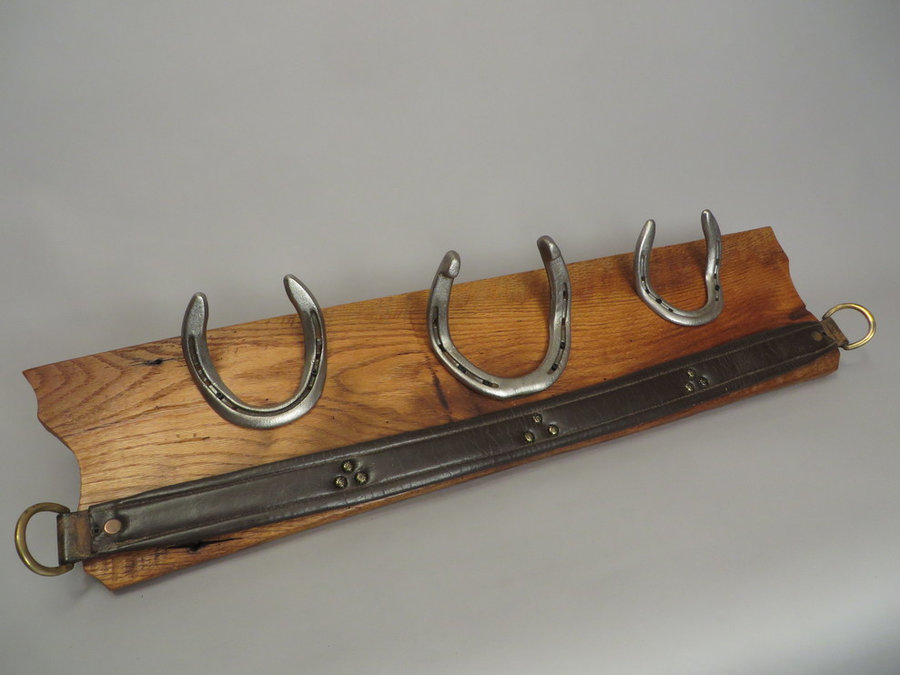 #R15073 Coat Rack Reclaimed Oak, horseshoes, Mule Harness leather.