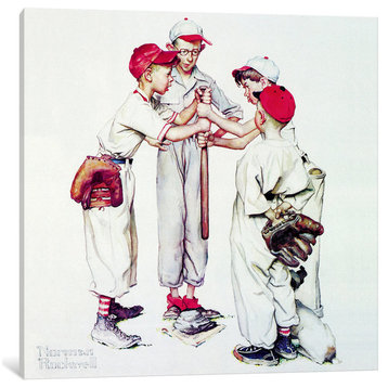 "Choosing up (Four Sporting Boys: Baseball)" by Norman Rockwell, 26x26x1.5"