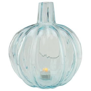 Transparent Light Blue Glass Pumpkin Shaped Pillar Candle Holder, 11"
