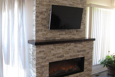 Trendy vinyl floor family room photo in Detroit with white walls, a standard fireplace and a stone fireplace