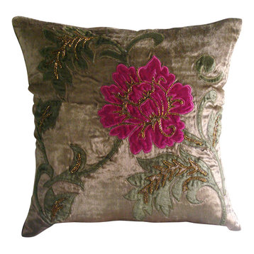 Applique Indian Pillow Covers Brown 20"x20" Velvet, Applique Blossom