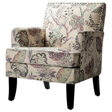Classic Accent Chair, Padded Seat With Low Arms & Nailhead, Purple Floral