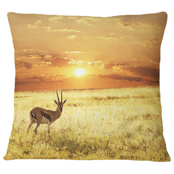 Solitary Antelope in Grassland African Landscape Printed Throw Pillow, 16"x16"