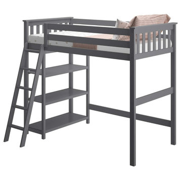 Twin Loft Bed, Pinewood Frame With Slat headboard and Integrated Bookcase, Grey