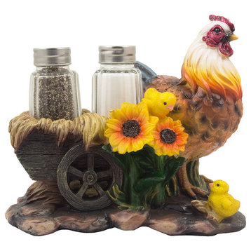 Mother Hen and Chicks Glass Salt and Pepper Shaker 3-Piece Set, Rustic Hay Cart