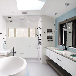 75 Beautiful Bathroom With Flat Panel Cabinets And Recycled Glass