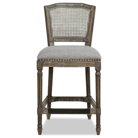 Triomphe 26.5" Oak Rattan Wicker Counter Stool, Heathered Grey Linen