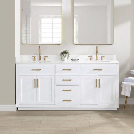 Gavino Vanity With Grain White Composite Stone Top, White/Brushed Gold, 72", No Mirror