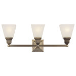 Livex Lighting - Mission Bath Light, Antique Brass - The Mission collection has clean lines with geometric forms. This three light bath fixture with etched opal glass is finished in antique brass. Square bar style arms elevate the glass.