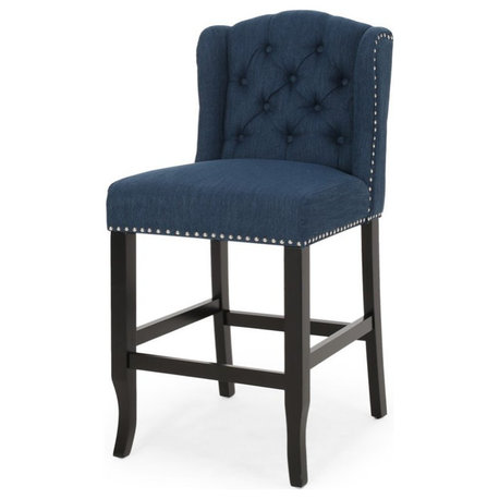 Noble House Foxcroft Wingback Counter Stool in Navy and Dark Brown (Set of 2)