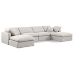 Meridian Furniture - Indulge Upholstered Modular U-Shaped Sectional, Cream, 6-Piece: 2 Armless Chair, 2 Corner Chair, 2 Ottoman, Down Stuffed Linen Textured Fabric - Experience ultimate comfort and style with our cream linen textured fabric Indulge Sectional. The luxurious linen texture of the fabric will elevate the aesthetic of any room. This sofa provides ample space for you to relax while its modular build offers the option of unlimited configurations. Whether you're looking to add a stylish element to your living room or a comfortable seating option to your bedroom, this sofa is the perfect choice.