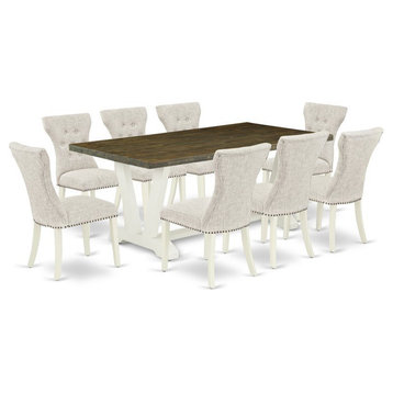 East West Furniture V-Style 9-piece Wood Dining Set in Linen White/Doeskin