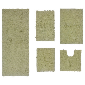 Bell Flower Collection Tufted Bath Rug, 5-Piece Set With Runner, Green