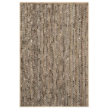 Hand Woven Area Rug, Black/White Braided Solid Print Patterned Jute, 10' X 13'